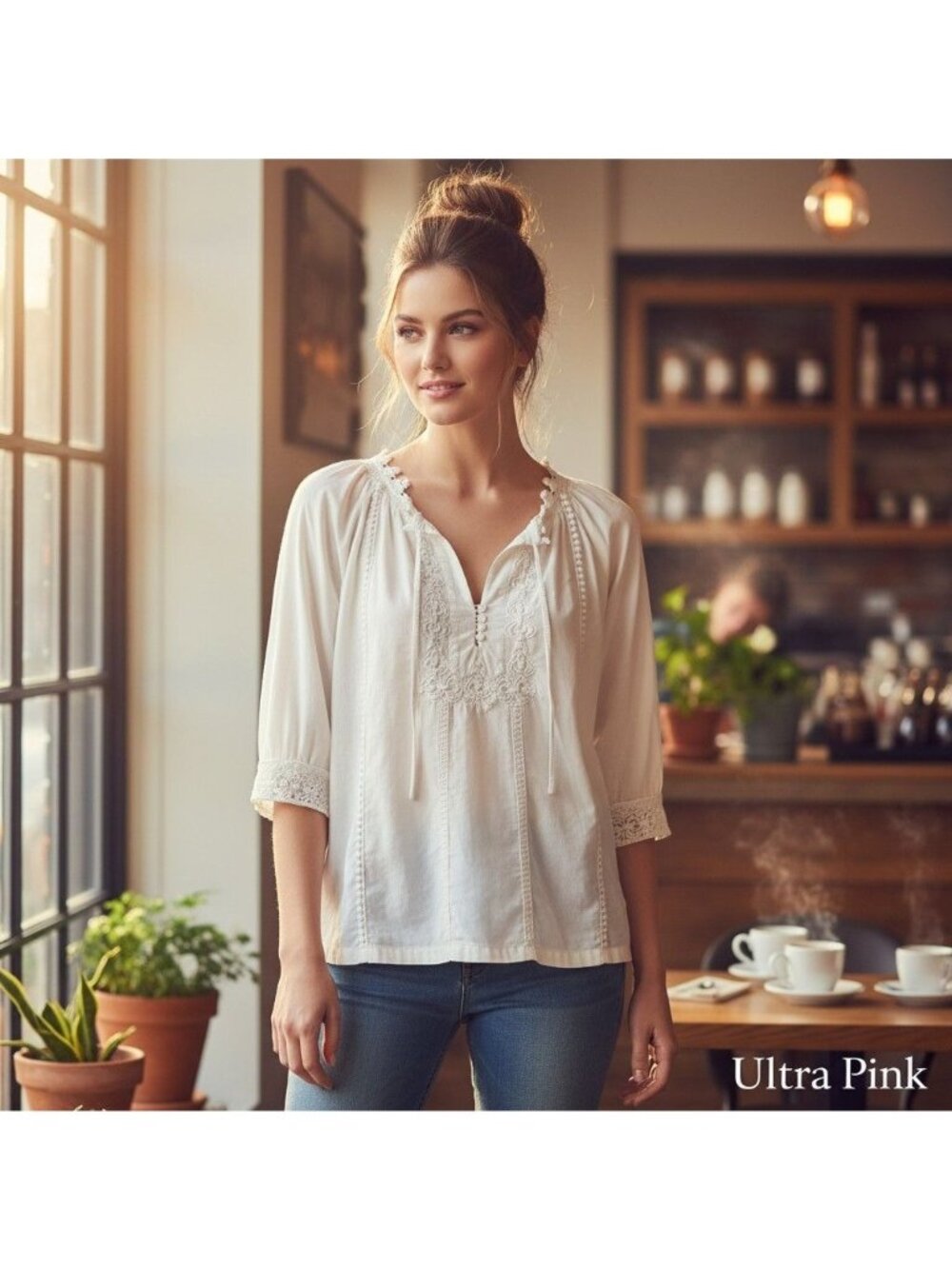 Ultra Pink White Embroidered Cotton Blouse With 3/4 Sleeves & Crochet Lace Accen